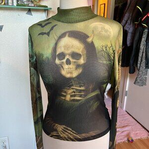 Dolls Kill Trickz n Treats sheer mesh stretchy skull mona lisa long sleeve M